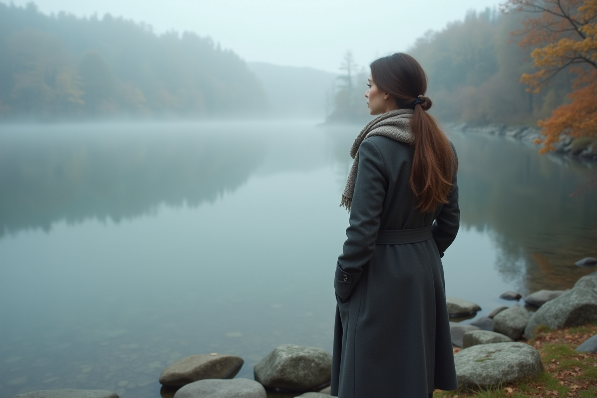 Jeune femme regardant son reflet au bord d