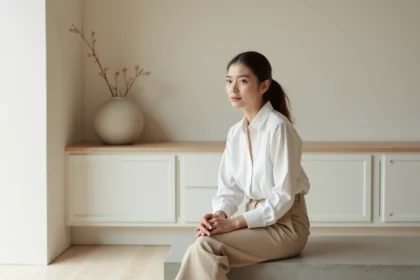 Jeune femme en blouse blanche et pantalon beige dans un intérieur épuré