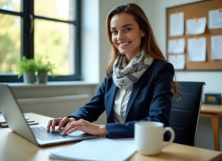 Jeune femme universitaire souriante au bureau avec ordinateur