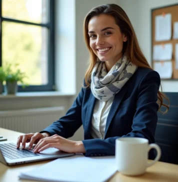 Jeune femme universitaire souriante au bureau avec ordinateur