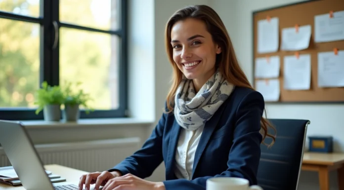Jeune femme universitaire souriante au bureau avec ordinateur