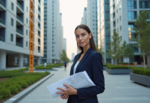Plu : définition zone urbaine, caractéristiques et enjeux Jeune femme en costume navy avec plan urbain en ville