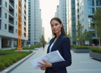 Jeune femme en costume navy avec plan urbain en ville
