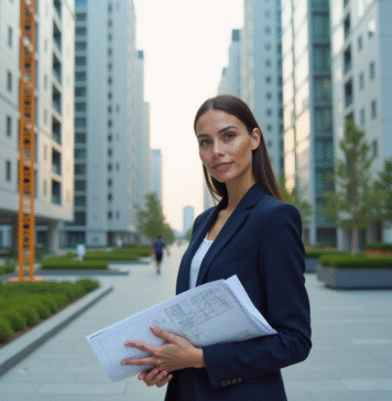 Jeune femme en costume navy avec plan urbain en ville