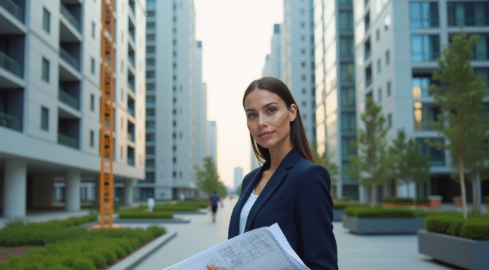 Jeune femme en costume navy avec plan urbain en ville