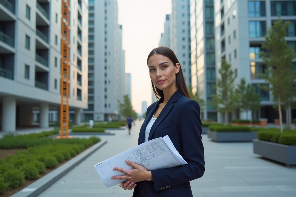 Jeune femme en costume navy avec plan urbain en ville