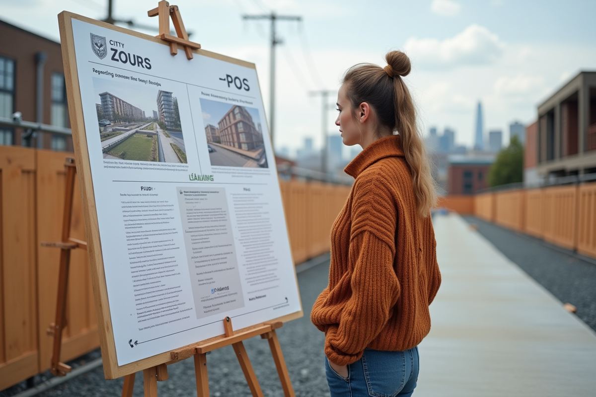 Jeune femme étudie panneau de zoning en extérieur