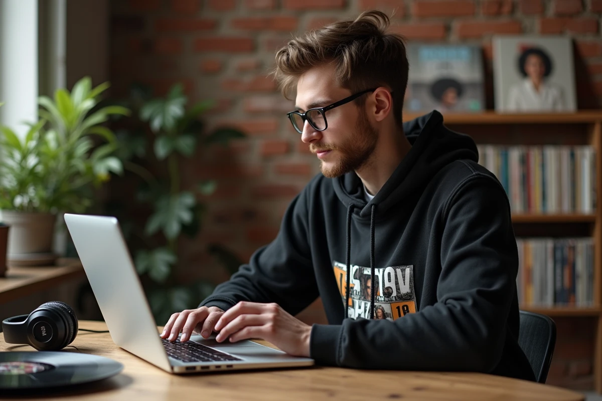 Jeune homme concentré dans son atelier musical avec vinyles et casque
