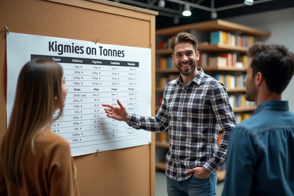 Jeune homme expliquant un tableau de conversion kilogrammes tonnes à ses collègues