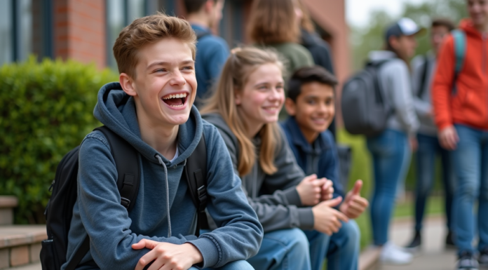 Jeune garçon de 15 ans souriant avec ses amis à l'école