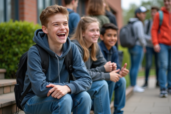 jeune-homme-lycee-sourire Jeune garçon de 15 ans souriant avec ses amis à l'école