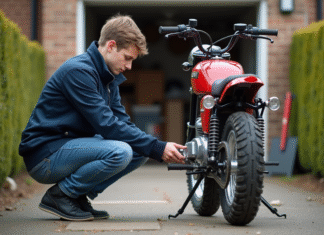 Jeune homme vérifiant la tension de la chaîne de sa moto