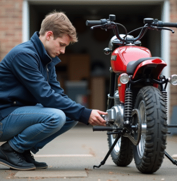 Entretien et maintenance d’une moto 50cc homologuée pour la route Jeune homme vérifiant la tension de la chaîne de sa moto