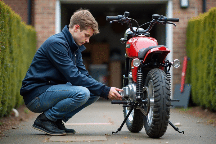 Jeune homme vérifiant la tension de la chaîne de sa moto