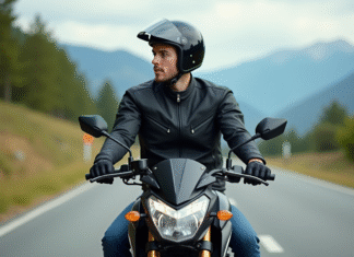 Jeune homme en moto sportive sur route pittoresque