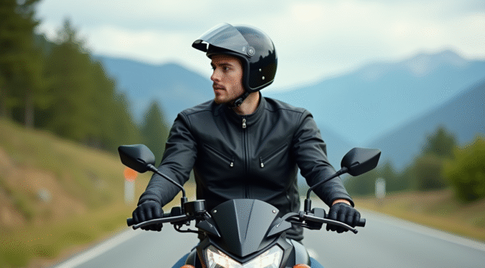 Jeune homme en moto sportive sur route pittoresque