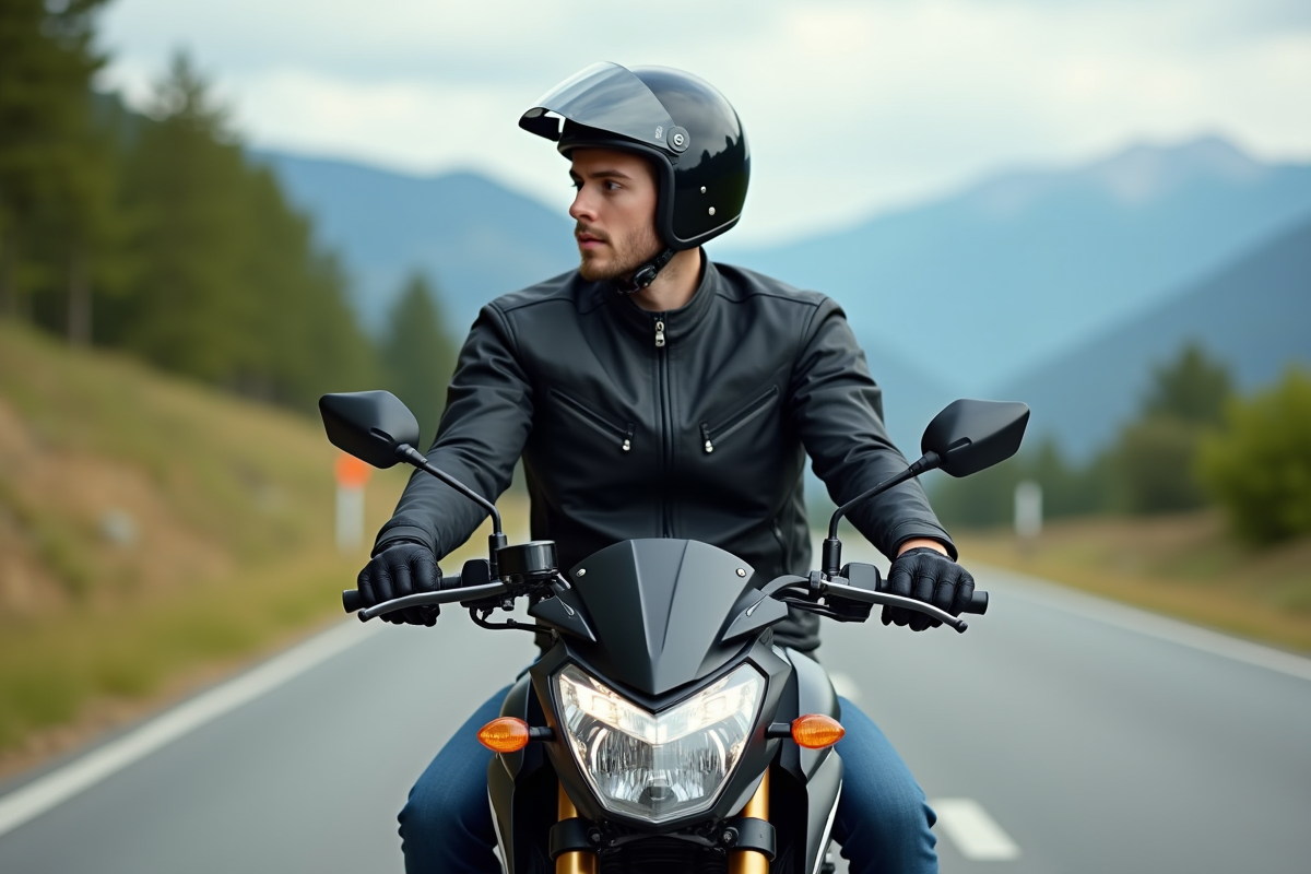 Jeune homme en moto sportive sur route pittoresque