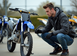 Jeune homme en gear motocross avec Yamaha 125 devant concession