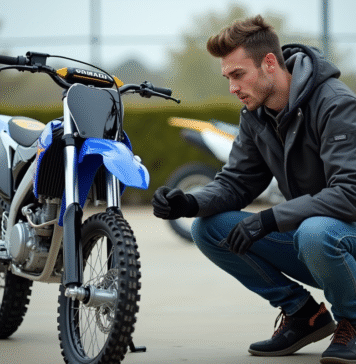 Comparatif des prix Yamaha 125 motocross : trouvez la meilleure offre Jeune homme en gear motocross avec Yamaha 125 devant concession