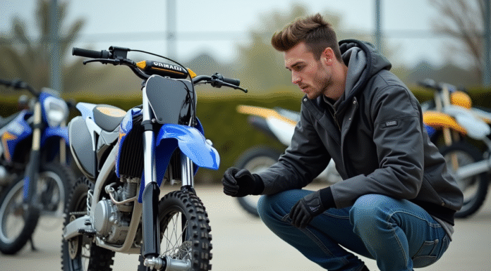 Jeune homme en gear motocross avec Yamaha 125 devant concession