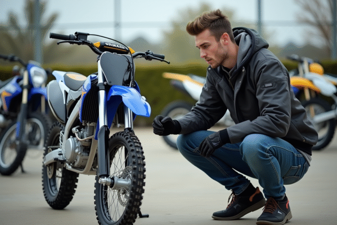 Jeune homme en gear motocross avec Yamaha 125 devant concession