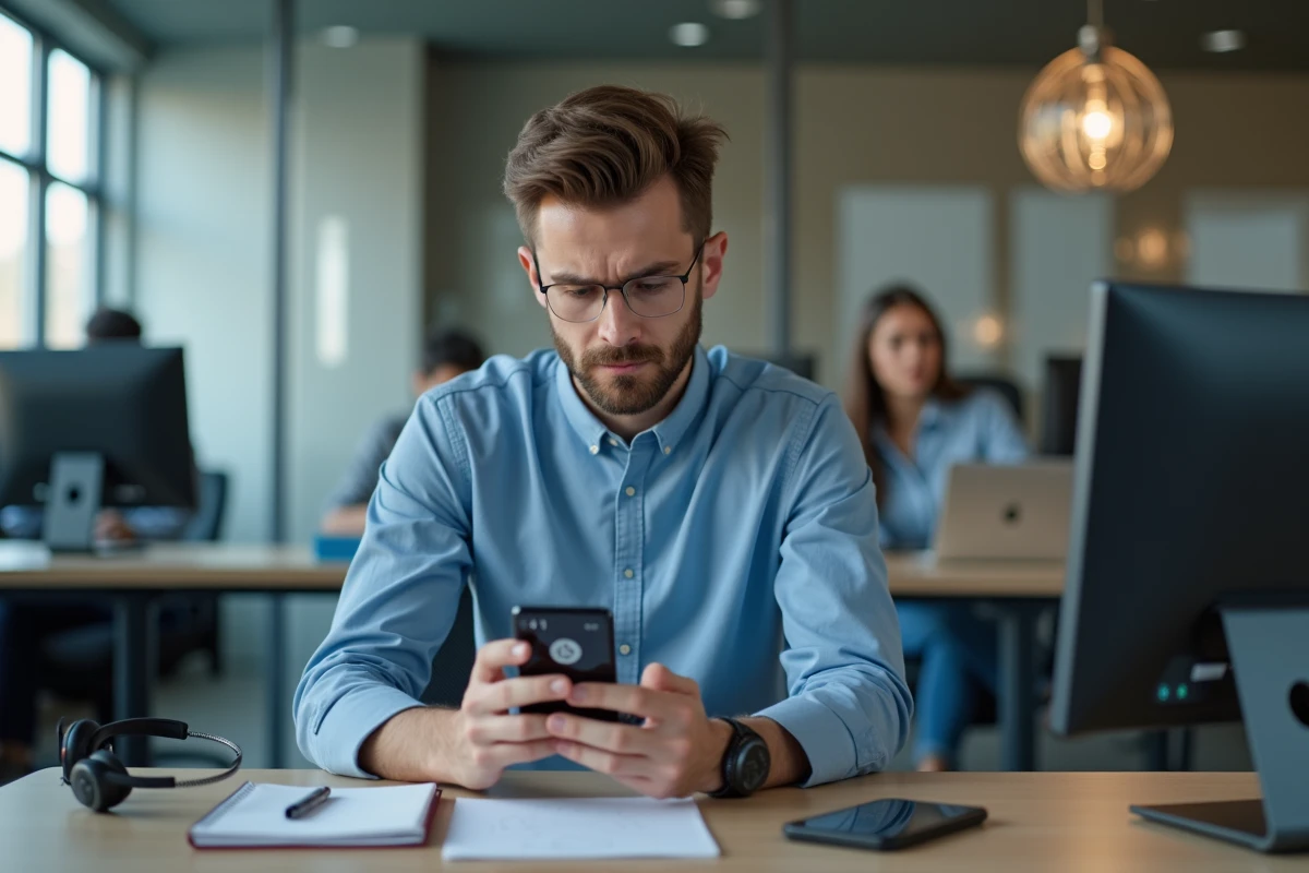 Jeune homme au bureau regardant son smartphone