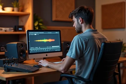 Jeune homme concentré devant son ordinateur dans un studio maison