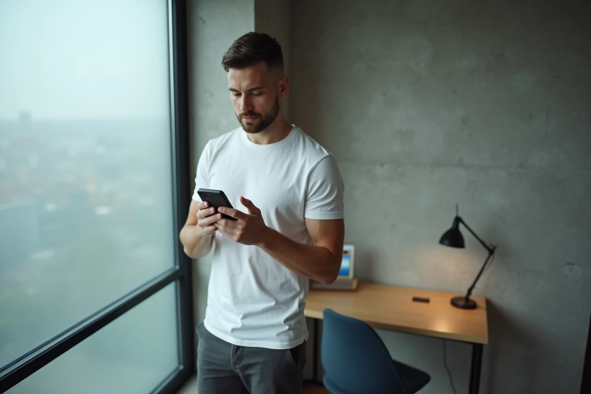 Jeune homme vérifiant ses flammes Snapchat sur son téléphone depuis son appartement moderne