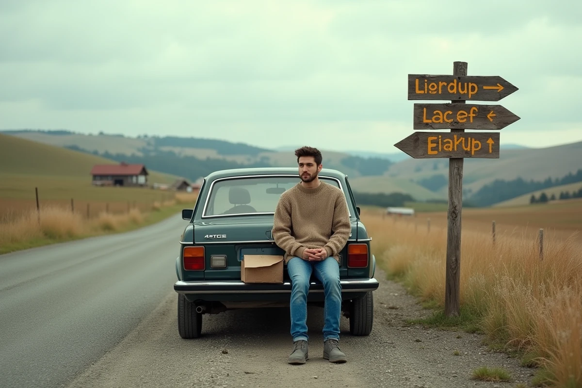 Jeune homme assis près d une voiture dans un paysage rural