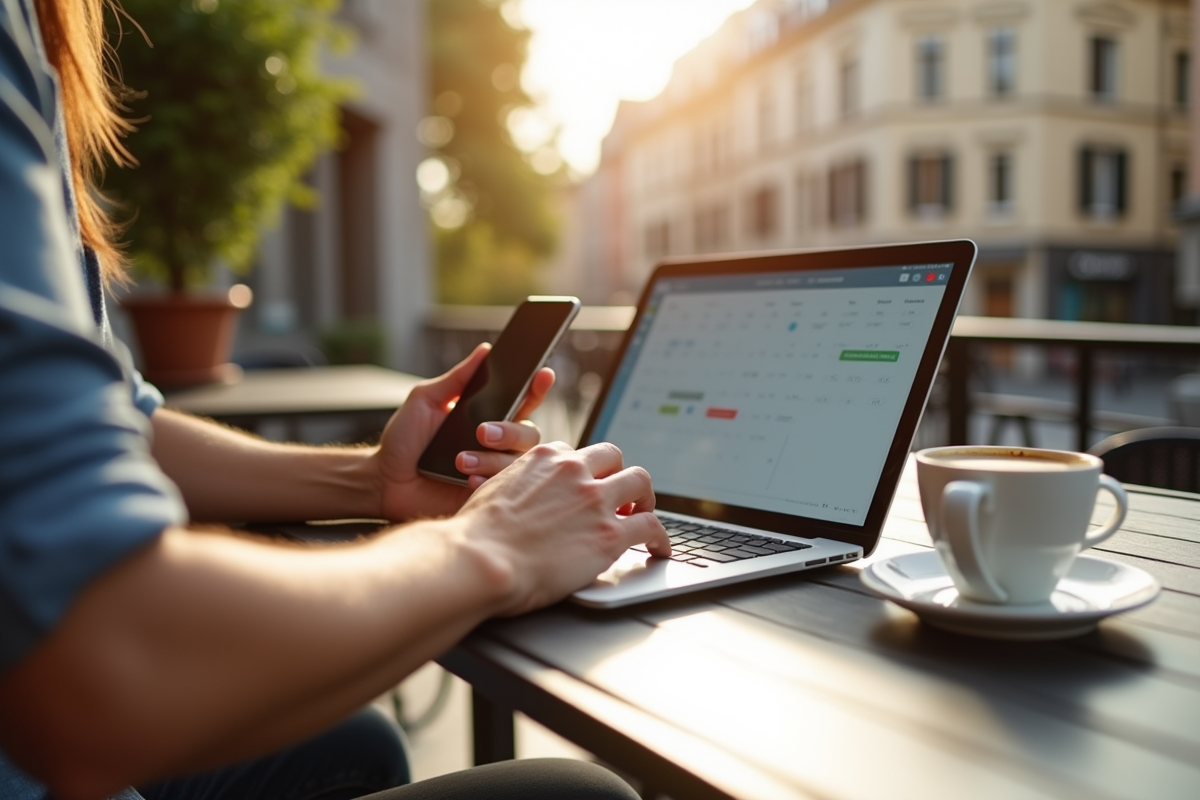 Jeune professionnel utilisant smartphone et ordinateur au café