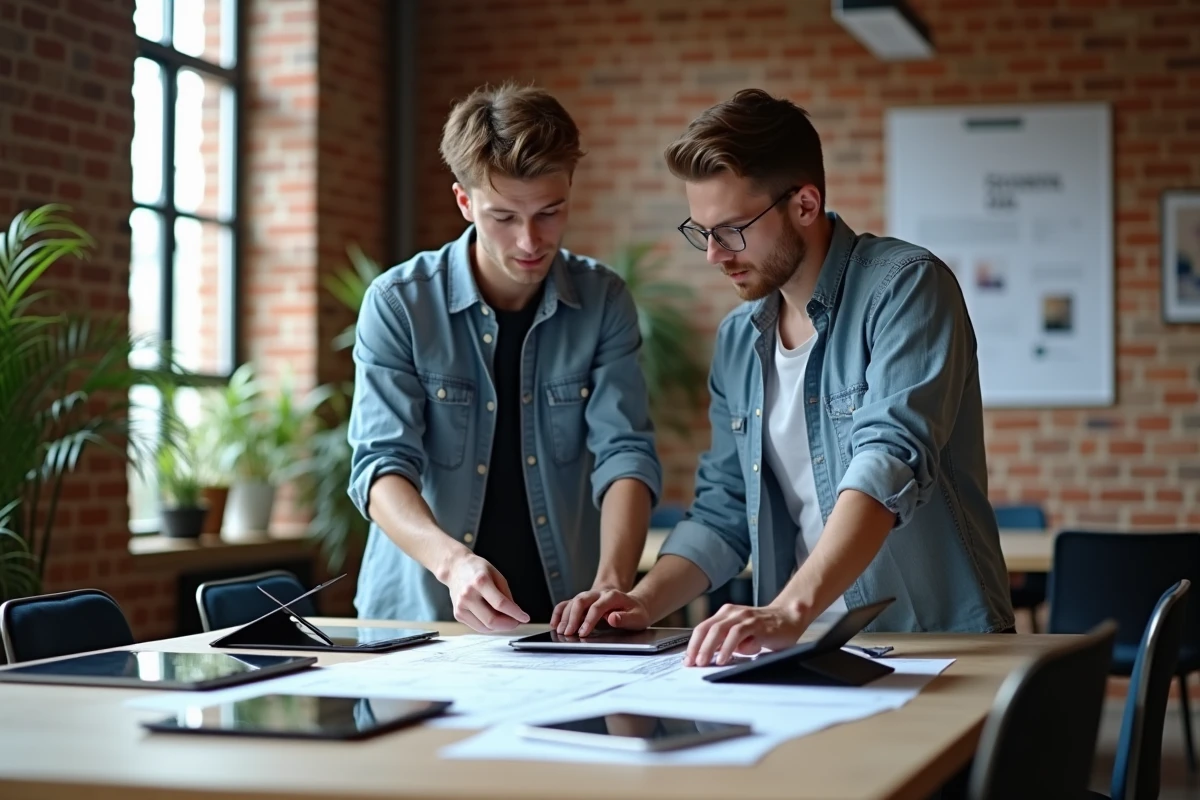 Jeune professionnel discute de tailles de tablettes avec collègue
