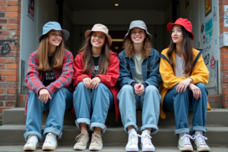 Groupe de jeunes adultes en mode années 90 en extérieur