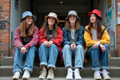 Groupe de jeunes adultes en mode années 90 en extérieur