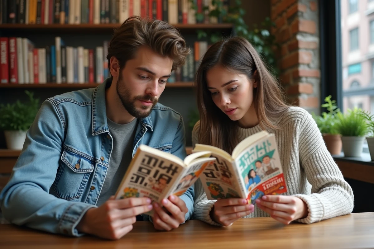 Deux jeunes adultes lisant des mangas dans un café urbain