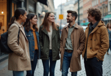 Groupe de jeunes adultes divers en ville en discussion