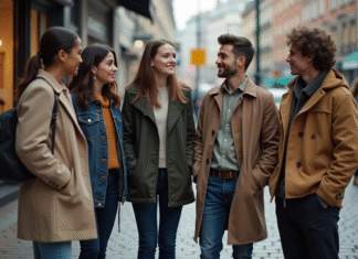 Groupe de jeunes adultes divers en ville en discussion