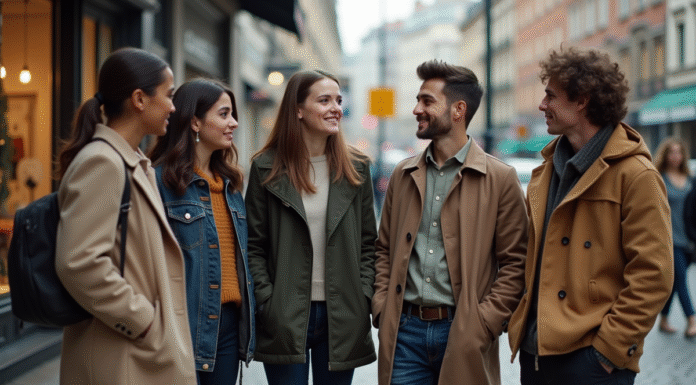 Groupe de jeunes adultes divers en ville en discussion
