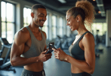 Deux jeunes souriants dans une salle de sport moderne avec un code de parrainage sur smartphone