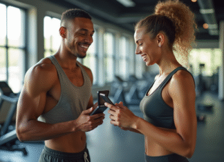Deux jeunes souriants dans une salle de sport moderne avec un code de parrainage sur smartphone
