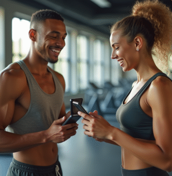 Deux jeunes souriants dans une salle de sport moderne avec un code de parrainage sur smartphone