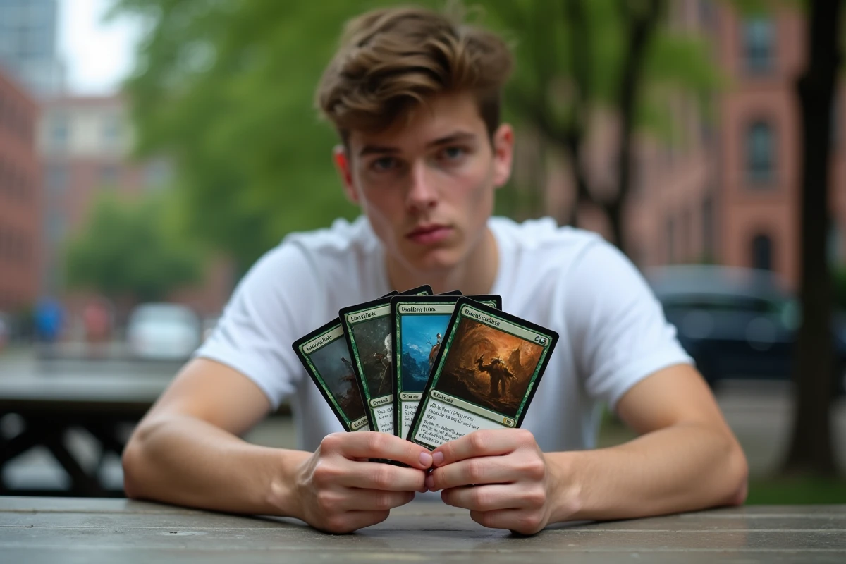 Jeune joueur tenant un éventail de cartes Magic en extérieur pour préparer sa construction de deck