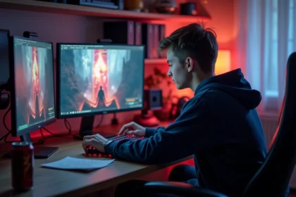 Joueur adulte concentré devant un écran de RPG fantastique avec interface rouge et or pour illustrer la quête Dofus Pourpre