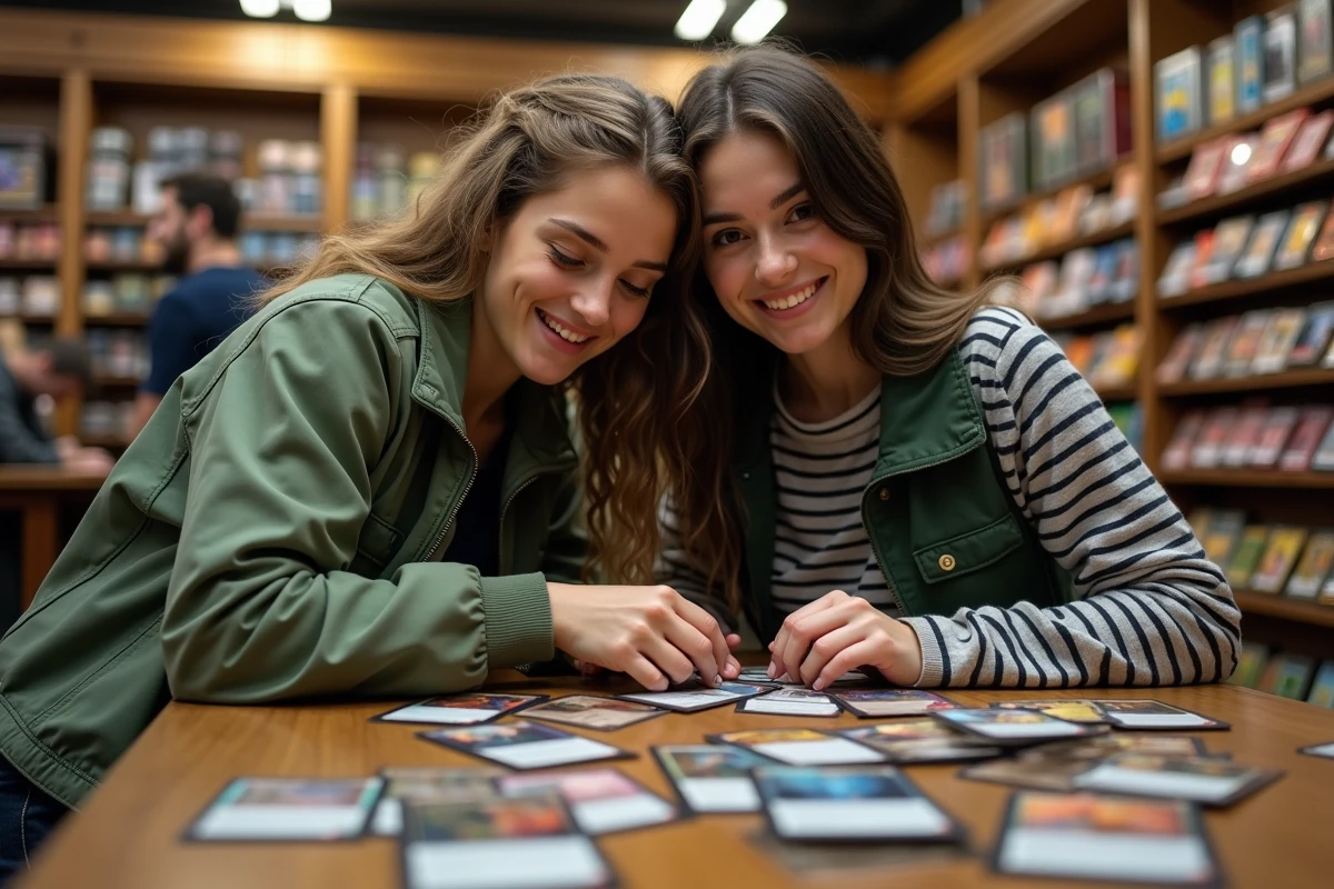 Deux joueuses sélectionnant des cartes Magic dans un magasin de jeux pour construire leur deck