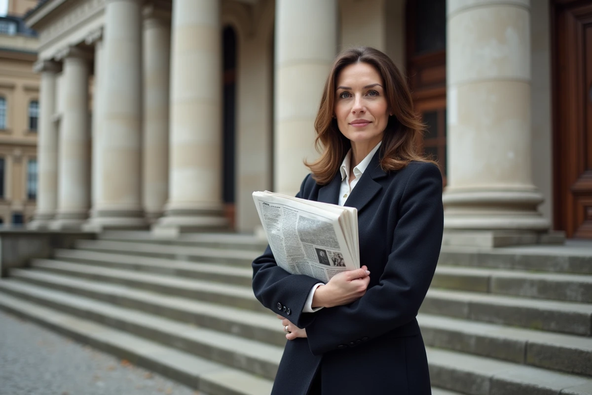 Journaliste devant un bâtiment institutionnel européen en pierre, manteau sombre, journal à la main, atmosphère documentaire urbaine