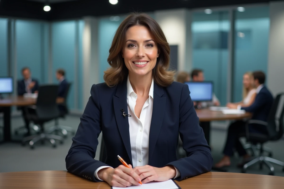 Journaliste professionnelle dans un studio de presse moderne, blazer marine, microphone sur bureau en bois, atmosphère éditoriale