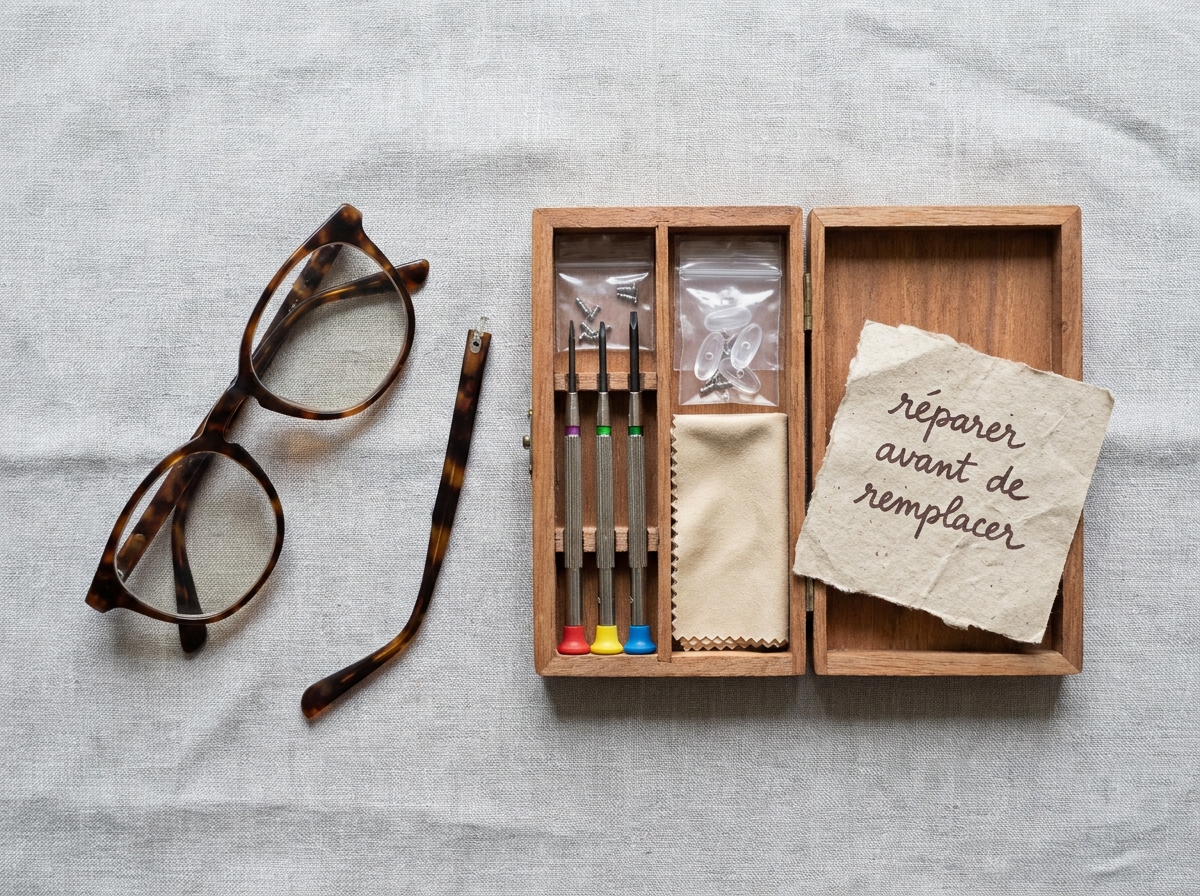 Vue à plat d'un kit de réparation de lunettes sur tissu lin avec lunettes cassées et note manuscrite
