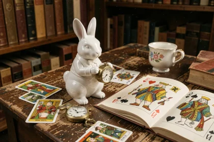 Figurine de lapin blanc style Alice au Pays des Merveilles posée sur un bureau ancien avec livre illustré et montre à gousset