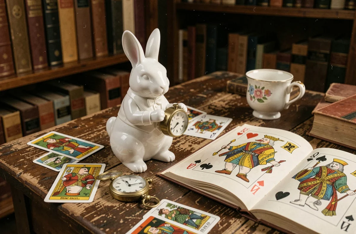 Figurine de lapin blanc style Alice au Pays des Merveilles posée sur un bureau ancien avec livre illustré et montre à gousset
