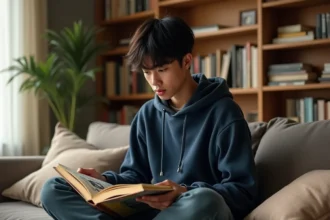 Jeune homme lisant un volume de manga One Piece sur un canapé entouré de livres manga dans un appartement cosy