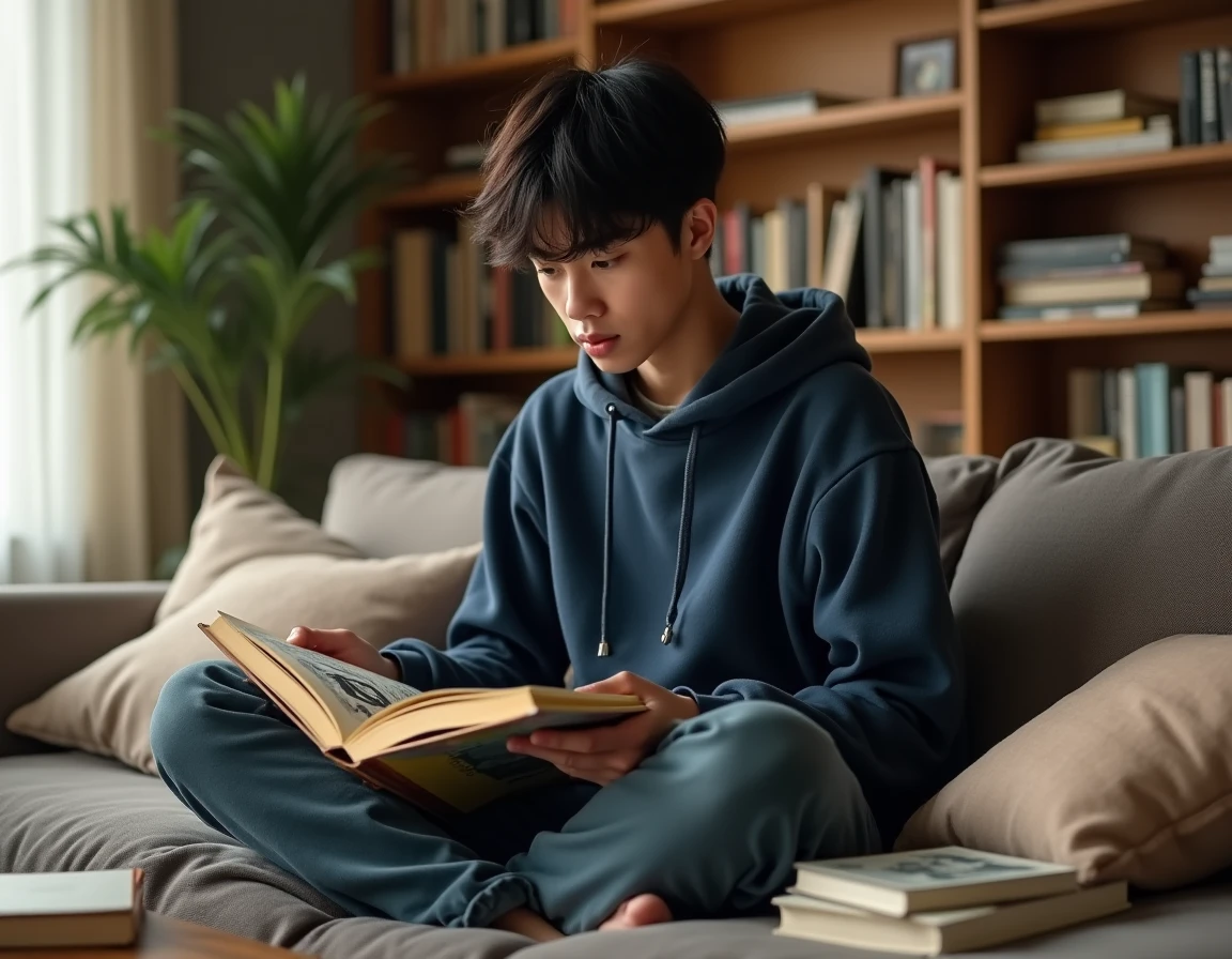Jeune homme lisant un volume de manga One Piece sur un canapé entouré de livres manga dans un appartement cosy